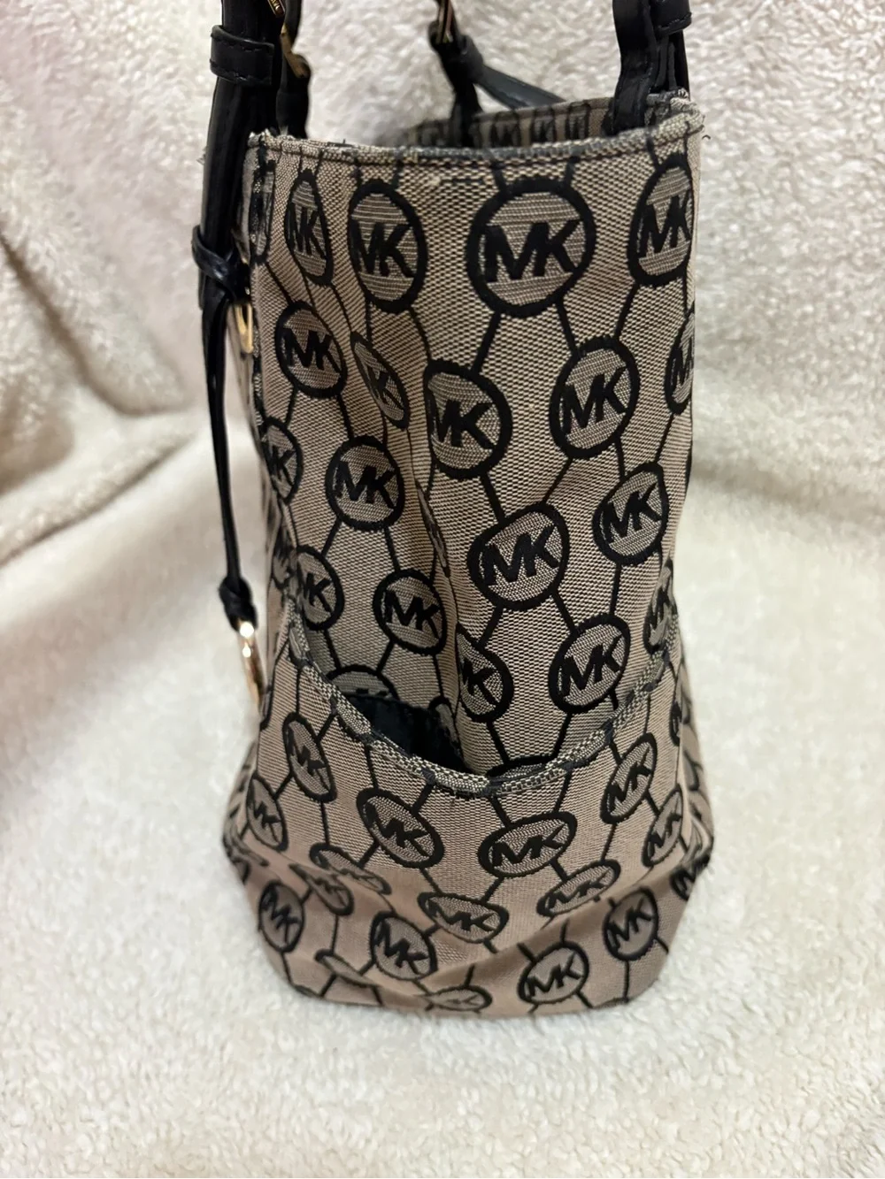 Michael Kors Beige and Black MK Logo Tote with Gold Charm